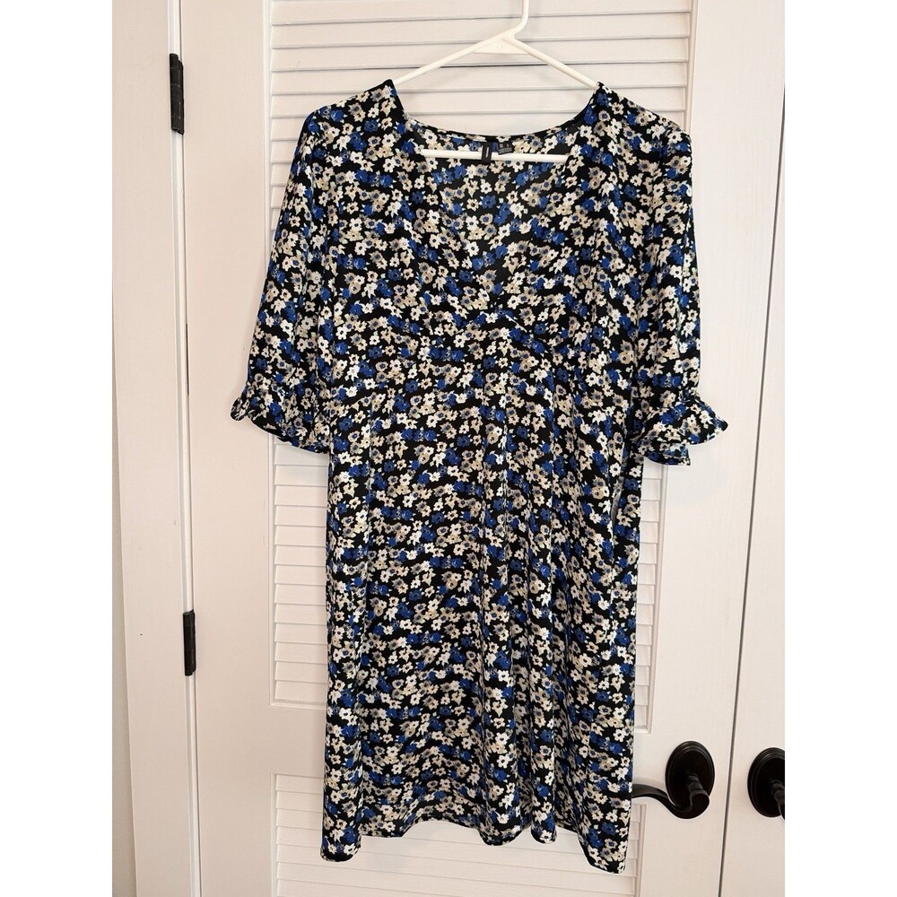 Vero Moda Floral Dress Womens Large Blue Black Faux Wrap Ruffle Sleeve Mini